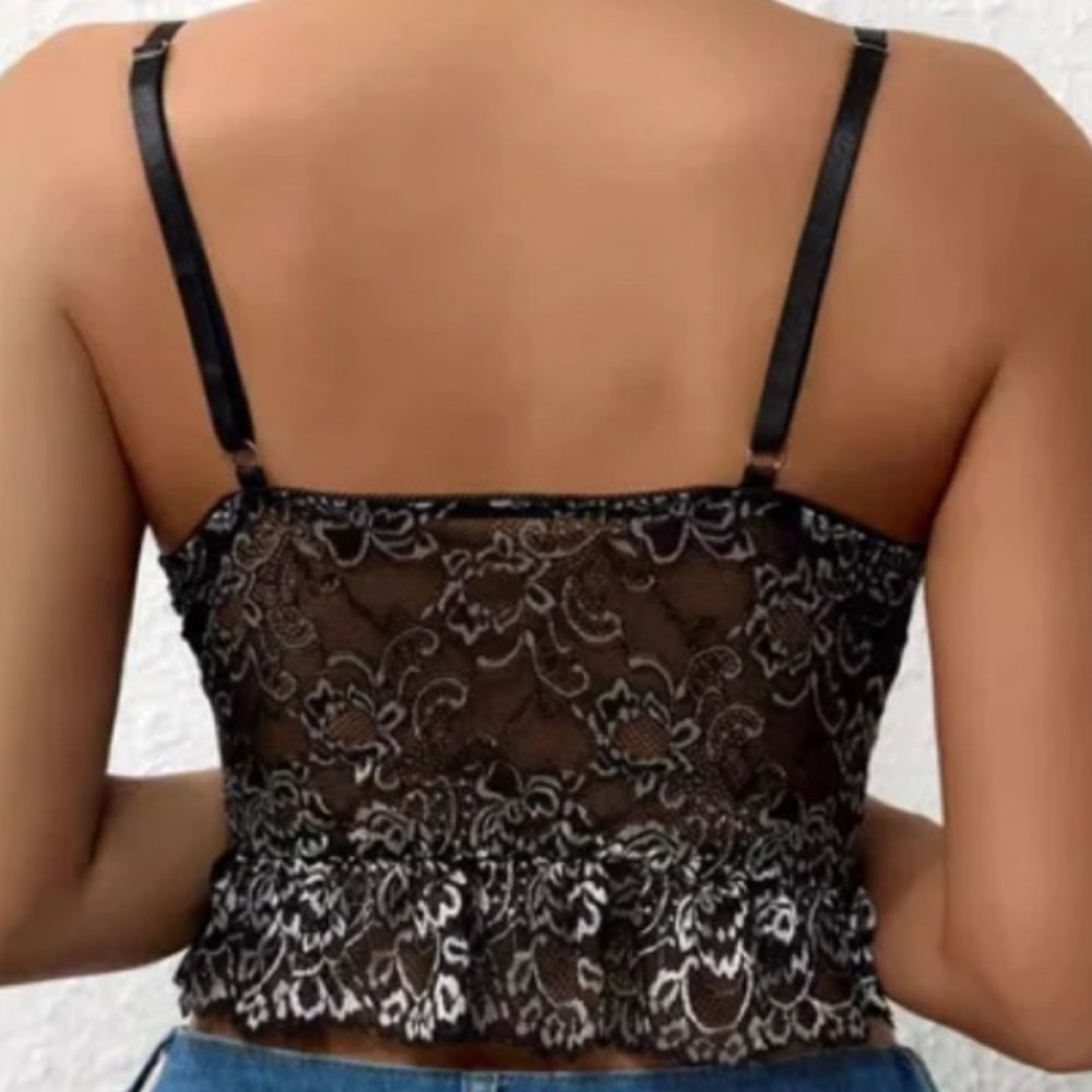Embroidered Black & Silver Lace Pleated Corset Tank Top Size:M EUC - Picture 3 of 9